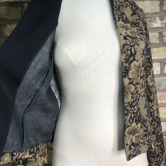 Vtg Boho Floral Blazer Black Brown Tan Women's Collarless Shoulder Pads - Picture 5 of 8